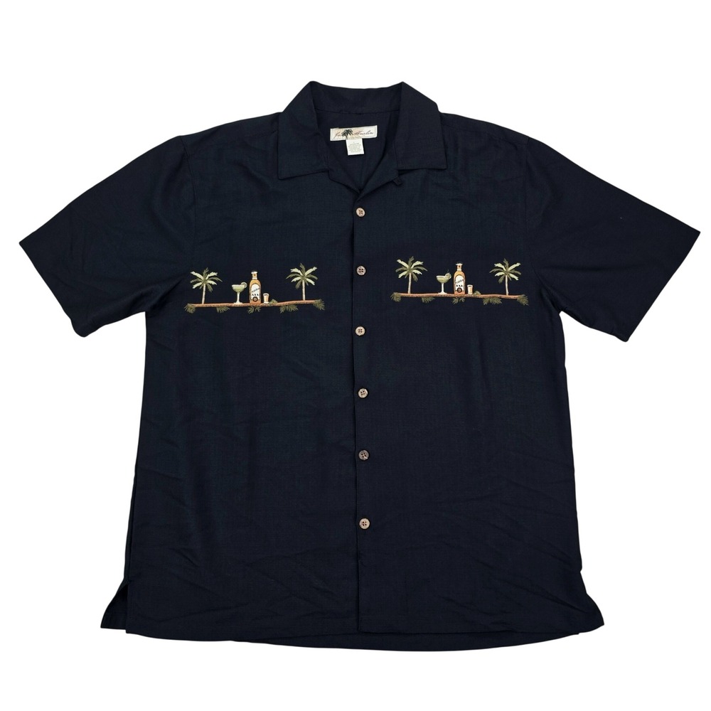 Joe Marlin Tropical Tequila Camp Shirt Mens Large Black Embroidered Palm Trees